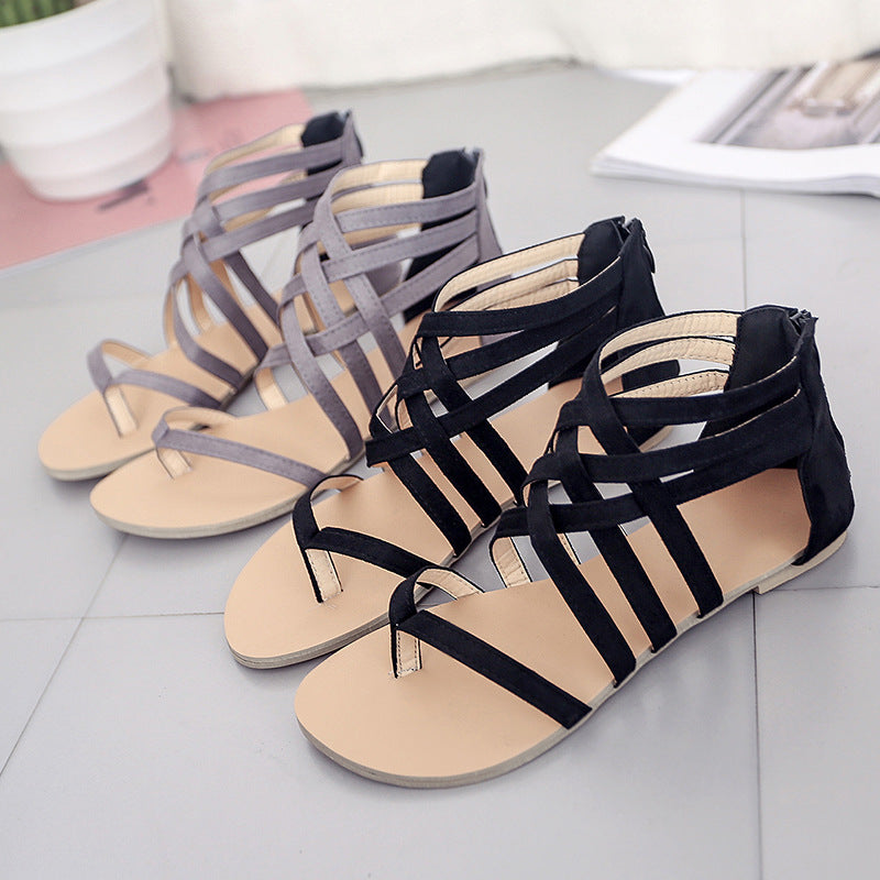 Damen nan flache Römersandalen mit mehrreihigen Knöchelriemen, Zehensteg und Reißverschluss-Fersenkappe R&B