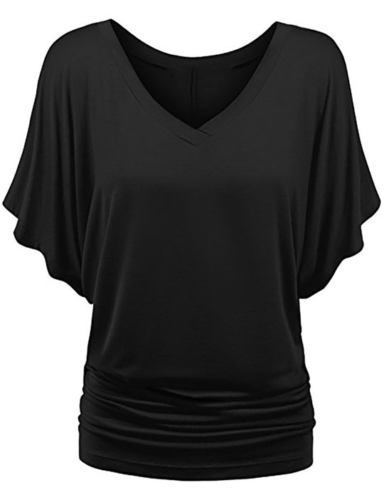 Damen lässiges V-Ausschnitt T-Shirt mit drapiertem Saum R&B