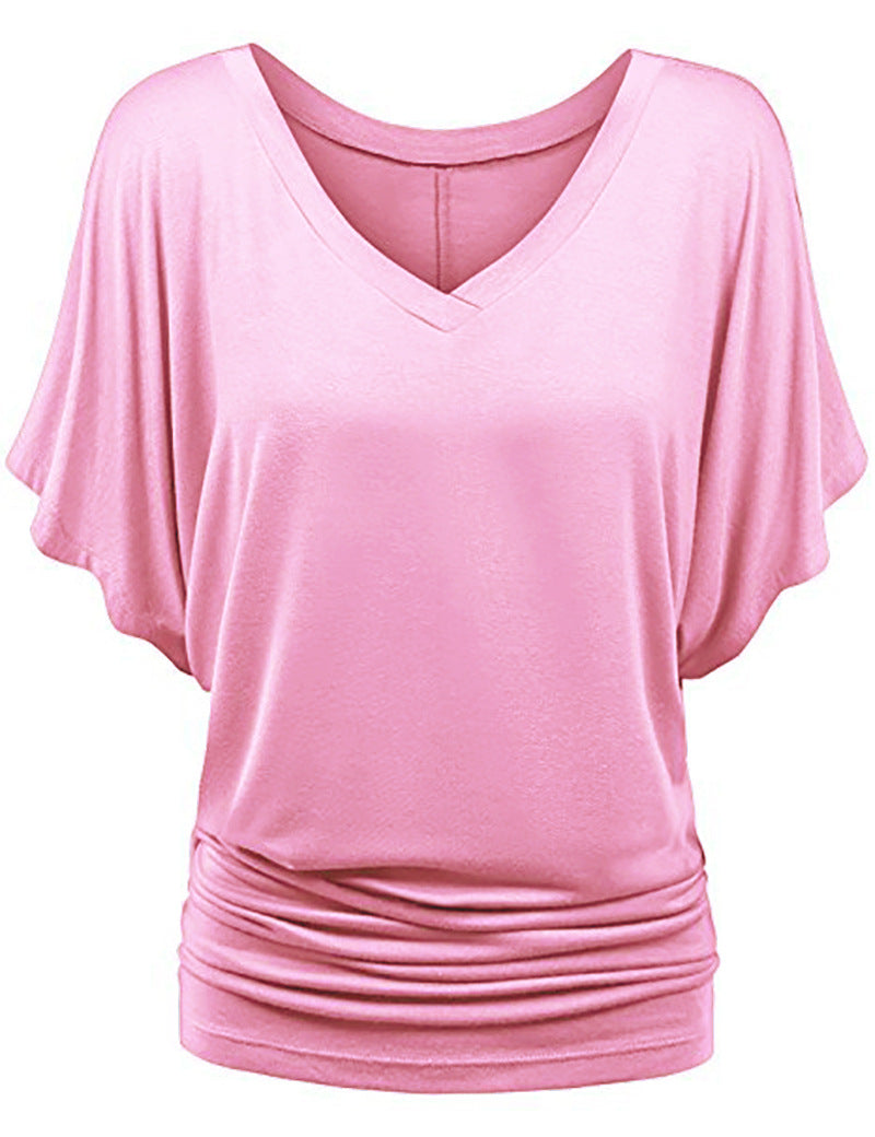Damen lässiges V-Ausschnitt T-Shirt mit drapiertem Saum R&B