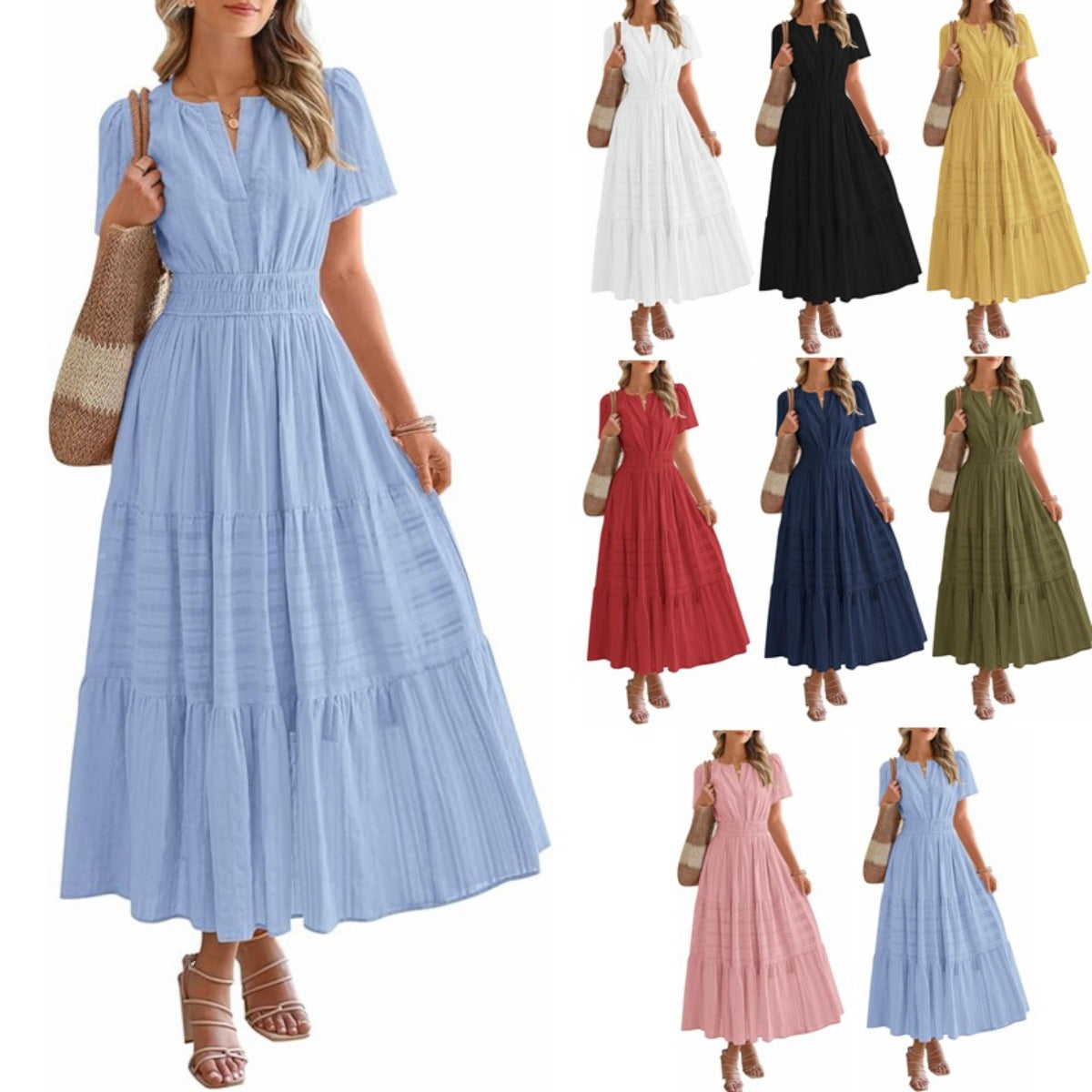 R&B | Kleid mit V-Ausschnitt und plissierten Blasenärmeln
