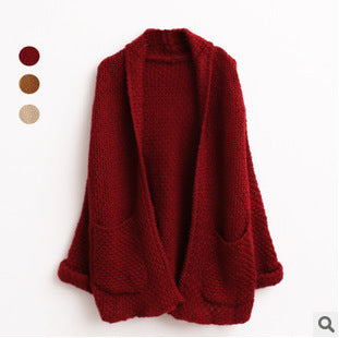Damen grober Strick-Cardigan mit offenen Ärmeln und praktischen Taschen R&B