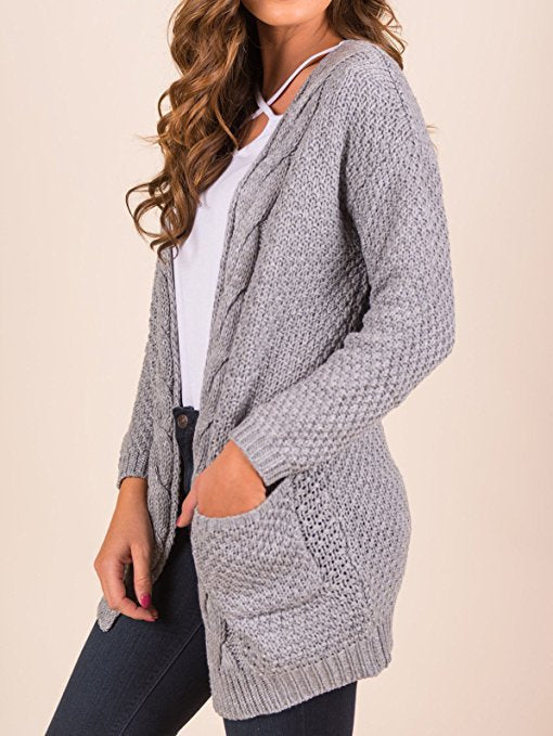 Damen gemütlicher Strickcardigan mit Taschen und Zopfmuster