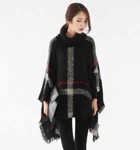 Damen Strickponcho mit hohem Kragen und trendigem Fransen-Design R&B