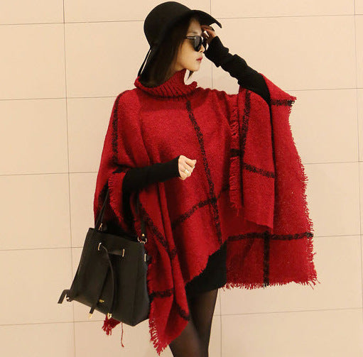 Damen Strickponcho mit hohem Kragen und trendigem Fransen-Design R&B