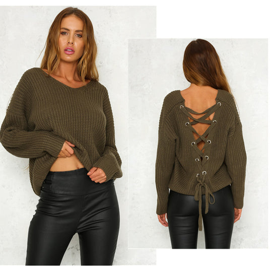 Damen Strickpullover mit dekorativem Rückenausschnitt und Schnürung R&B