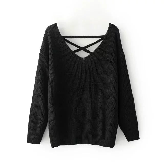 Damen Strickpullover mit tiefem V-Ausschnitt und dekorativem Rückendesign R&B