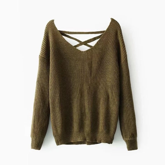 Damen Strickpullover mit tiefem V-Ausschnitt und dekorativem Rückendesign R&B