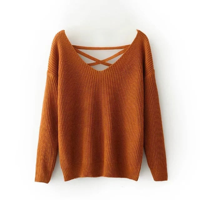 Damen Strickpullover mit tiefem V-Ausschnitt und dekorativem Rückendesign R&B