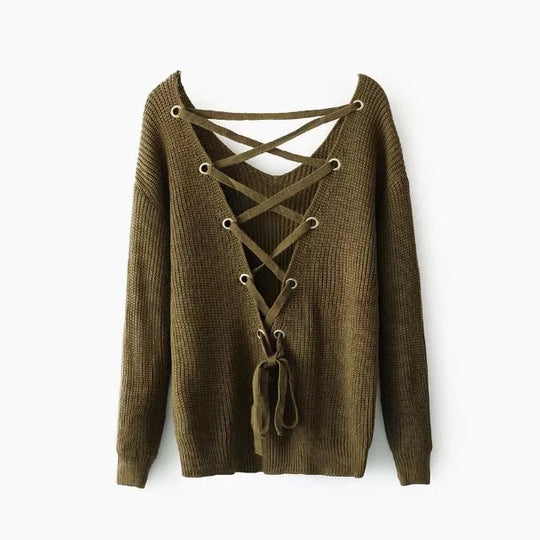Damen Strickpullover mit tiefem V-Ausschnitt und dekorativem Rückendesign R&B