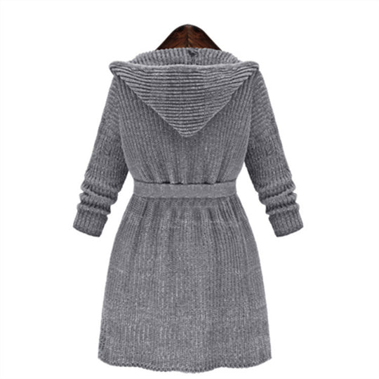 Damen Strickmantel mit Kapuze und Taillengürtel R&B