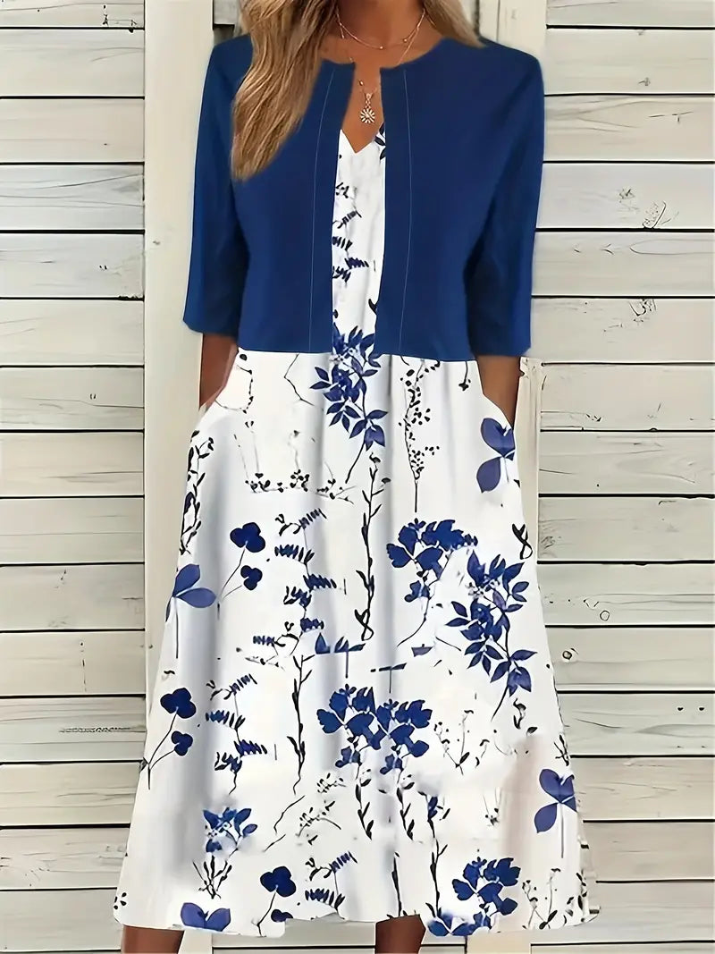 Heidi-Mode – elegantes zweiteiliges blumenkleid-set mit einfarbigem crop-top und kleid mit rundhalsausschnitt