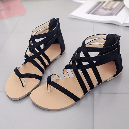Damen nan flache Römersandalen mit mehrreihigen Knöchelriemen, Zehensteg und Reißverschluss-Fersenkappe R&B