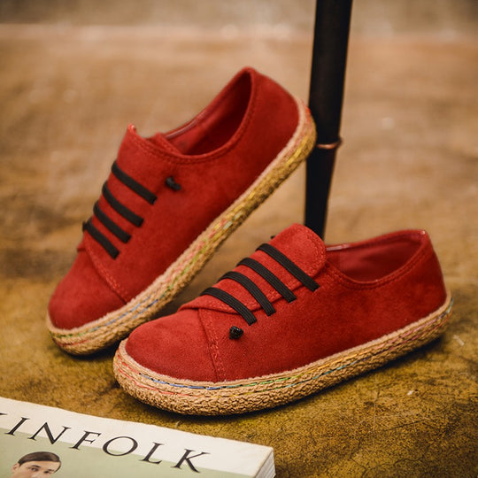 Damen nan niedriger Sneaker-Espadrille mit Veloursleder-Optik, elastischen Schnürbändern und geflochtener Jute-Sohle R&B
