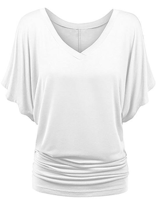 Damen lässiges V-Ausschnitt T-Shirt mit drapiertem Saum R&B