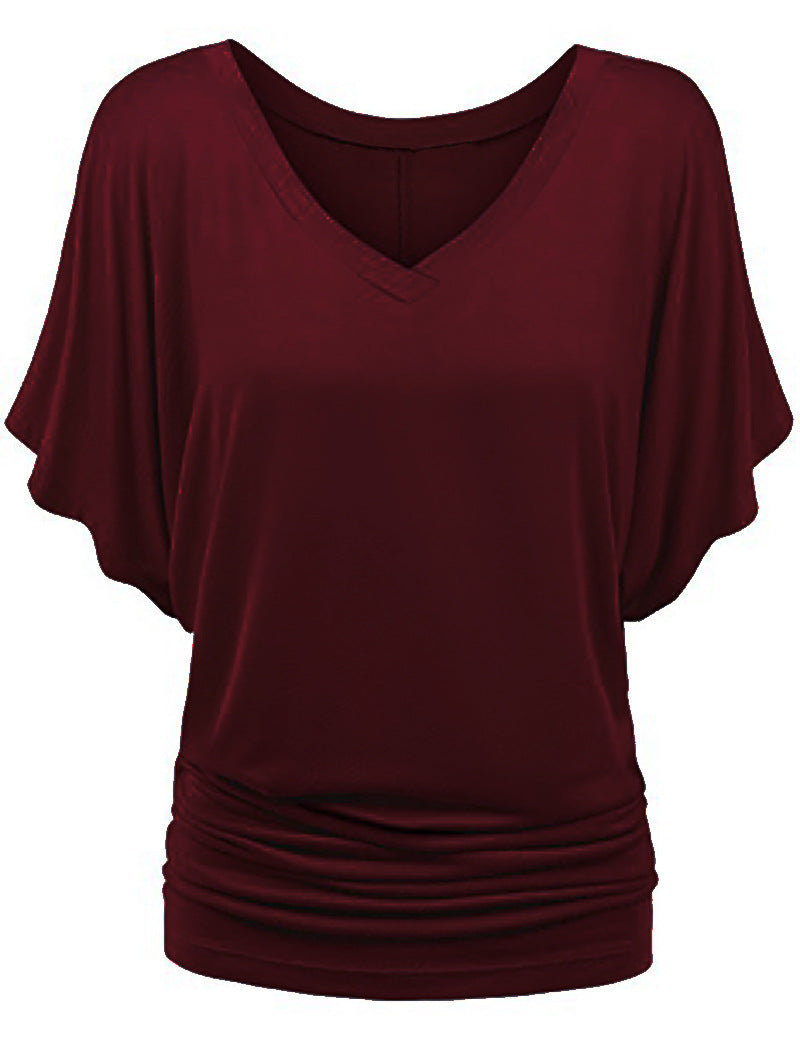 Damen lässiges V-Ausschnitt T-Shirt mit drapiertem Saum R&B