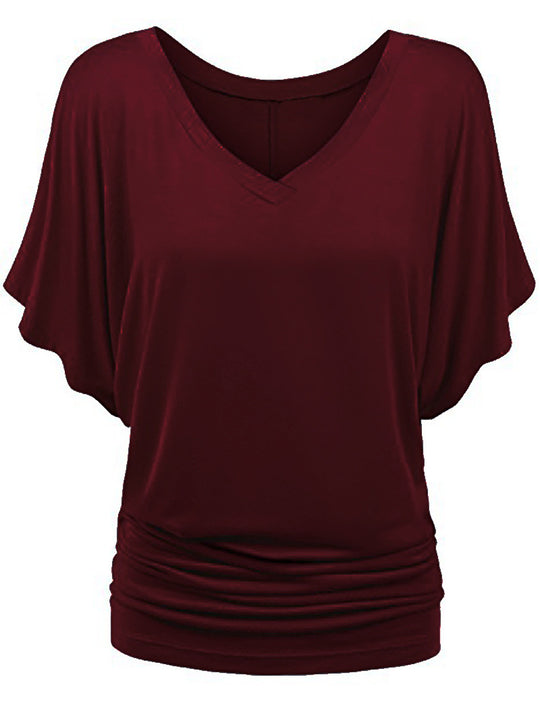 Damen lässiges V-Ausschnitt T-Shirt mit drapiertem Saum R&B