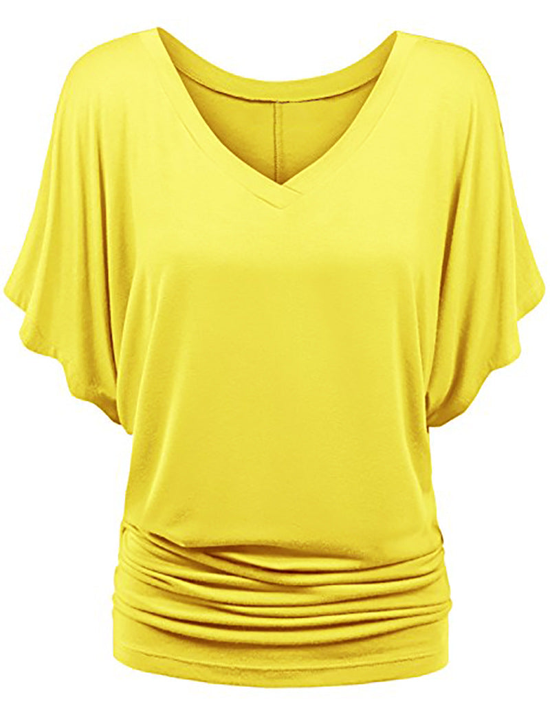 Damen lässiges V-Ausschnitt T-Shirt mit drapiertem Saum R&B