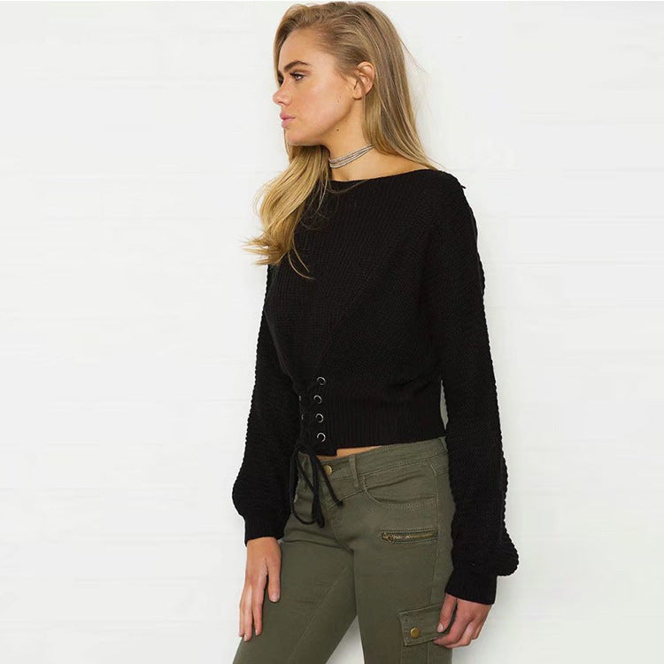 Damen cropped Strickpullover mit fransigen Details und dekorativer Schnürung R&B