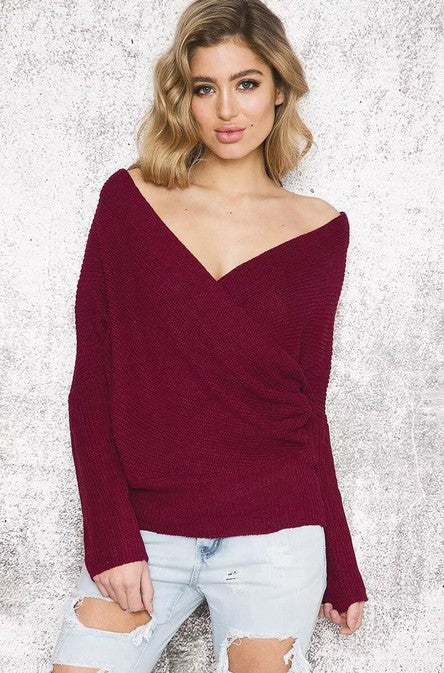 Damen Off-Shoulder Strickpullover mit Wickeldetail R&B