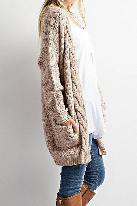Damen gemütlicher Strickcardigan mit Taschen und Zopfmuster R&B