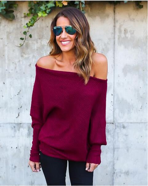 Damen Oversized Strickpullover mit Off-Shoulder-Ausschnitt und weitem Schnitt R&B