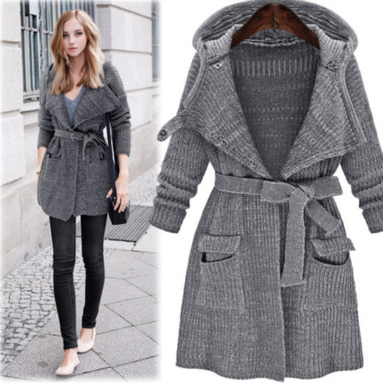 Damen Strickmantel mit Kapuze und Taillengürtel R&B