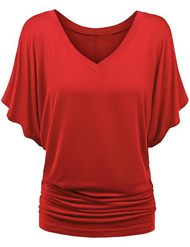 Damen lässiges V-Ausschnitt T-Shirt mit drapiertem Saum R&B