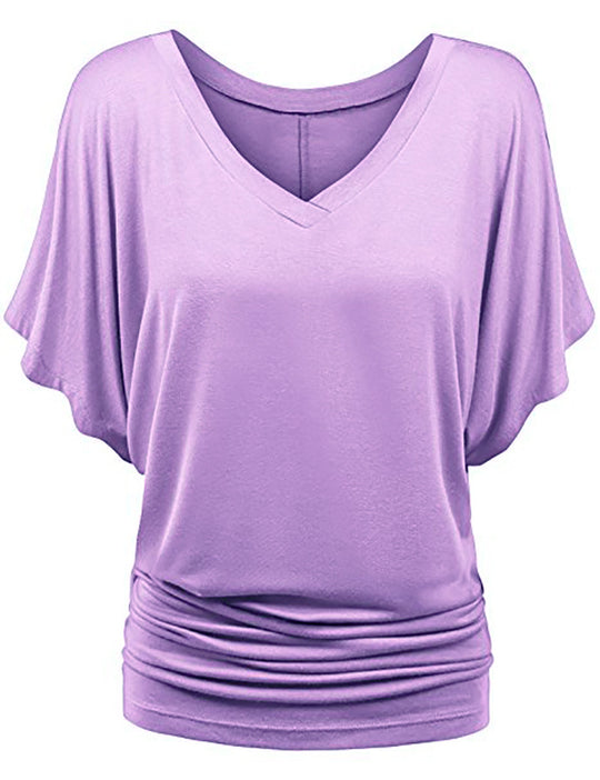 Damen lässiges V-Ausschnitt T-Shirt mit drapiertem Saum R&B
