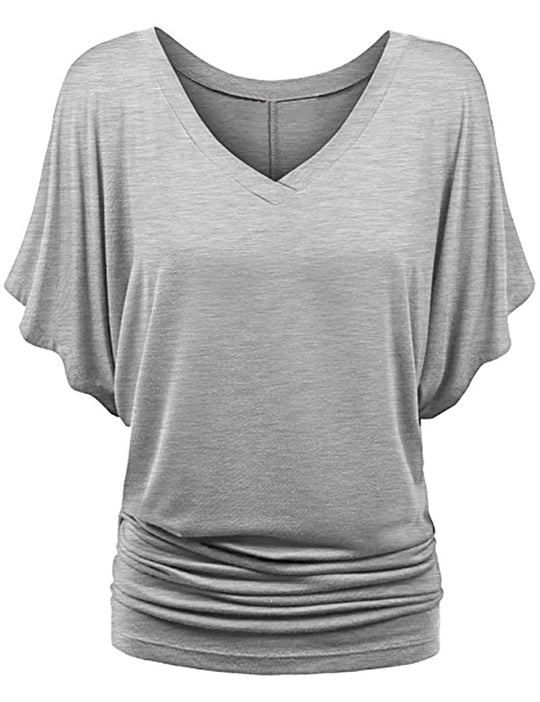 Damen lässiges V-Ausschnitt T-Shirt mit drapiertem Saum R&B