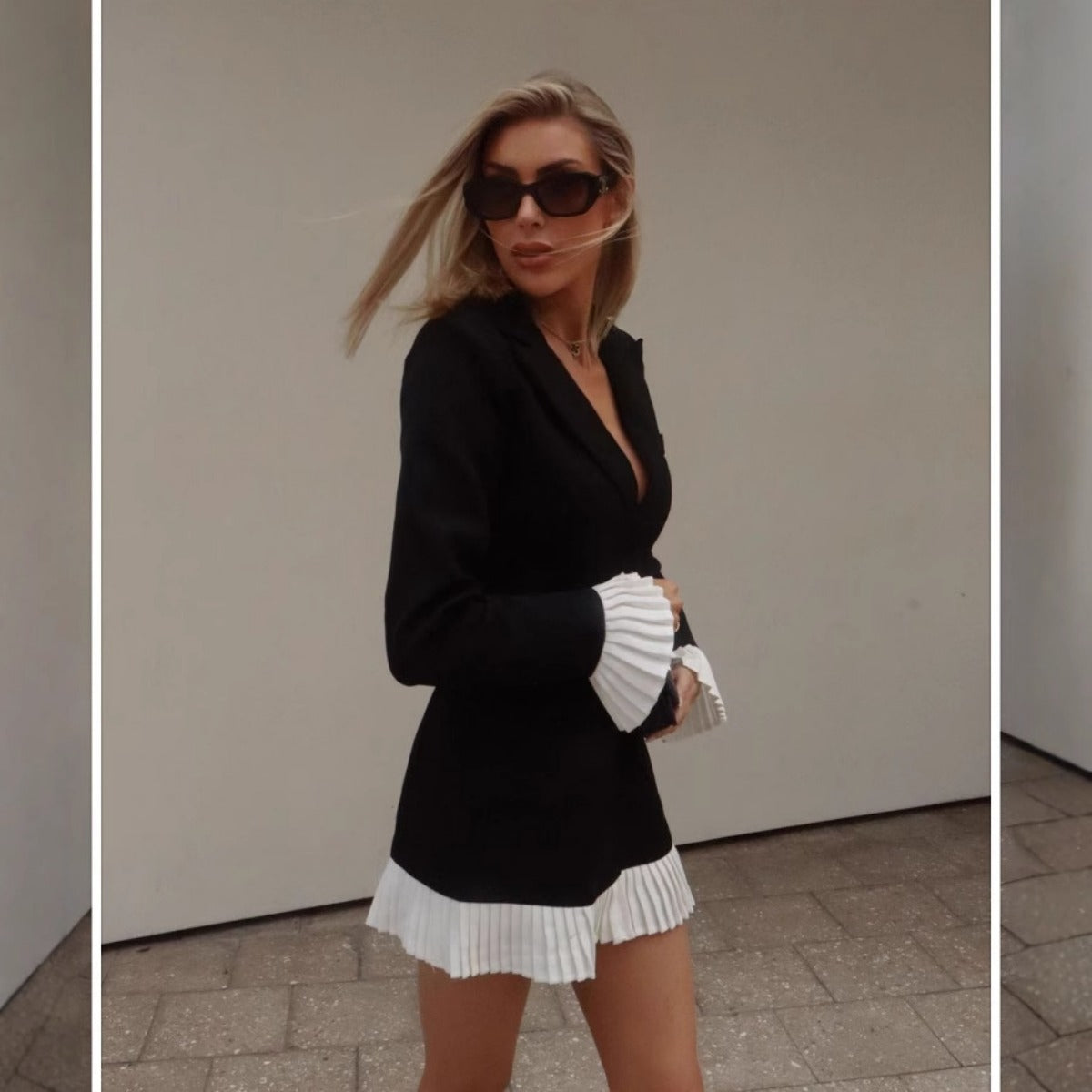 R&B | Schwarz und weiß kontrastierenden Farben plissiert Rüsche Rand Anzug Kleid kurzen Rock