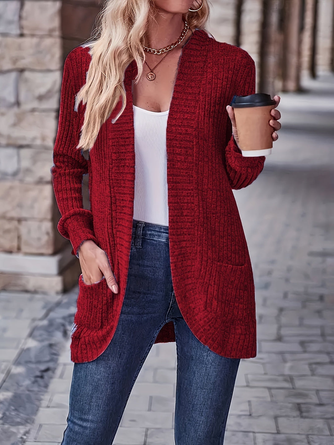 R&B | Damen Freizeit Strickfleeceweste Mit Langen Ärmeln