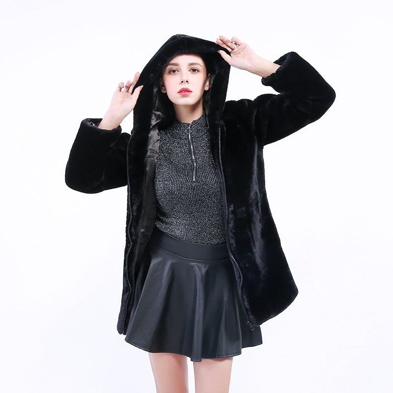 Damen Flauschige Kunstpelz-Jacke mit Stehkragen und Reißverschluss R&B