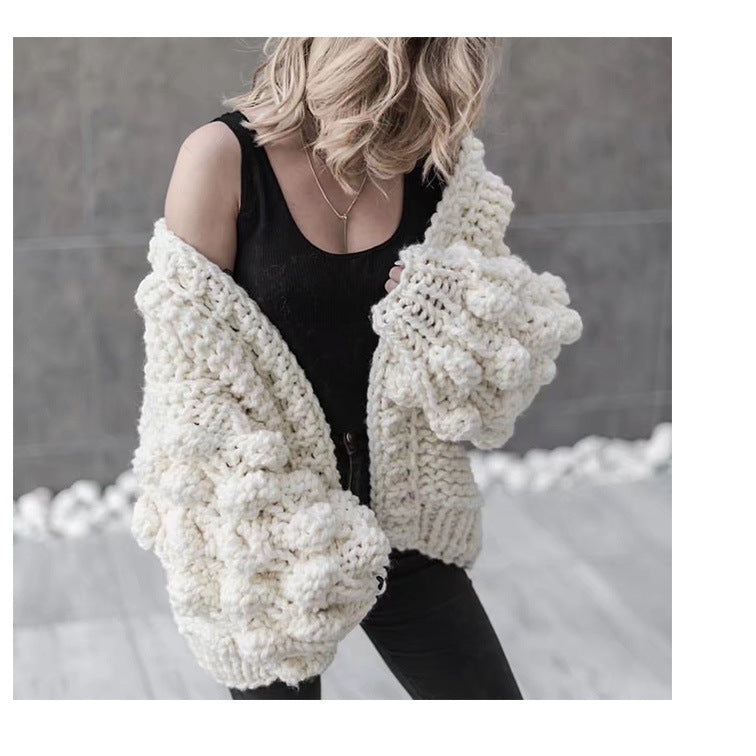 Damen Grob gestrickte Oversized-Jacke mit hohem Kragen und Kapuzendesign R&B