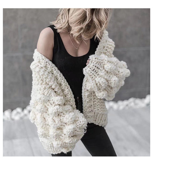 Damen Grob gestrickte Oversized-Jacke mit hohem Kragen und Kapuzendesign R&B