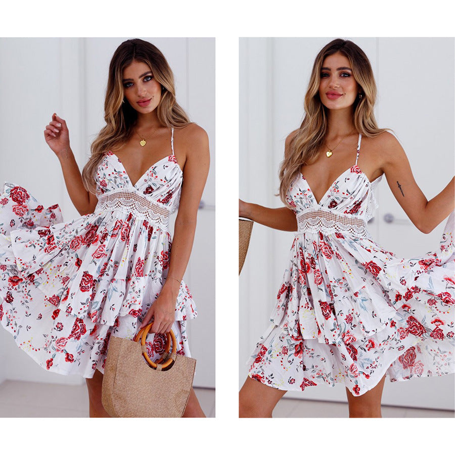 Damen luftiges Sommerkleid mit Blumenmuster und Spitzenakzenten R&B