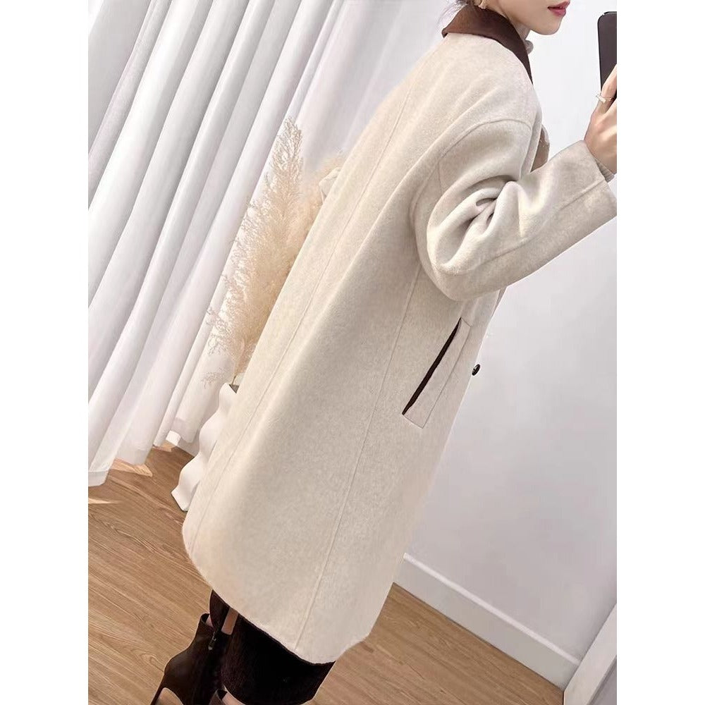 R&B | Wollmischung Lange Jacke mit Braunem Kragen für Damen