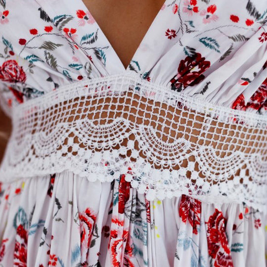 Damen luftiges Sommerkleid mit Blumenmuster und Spitzenakzenten R&B