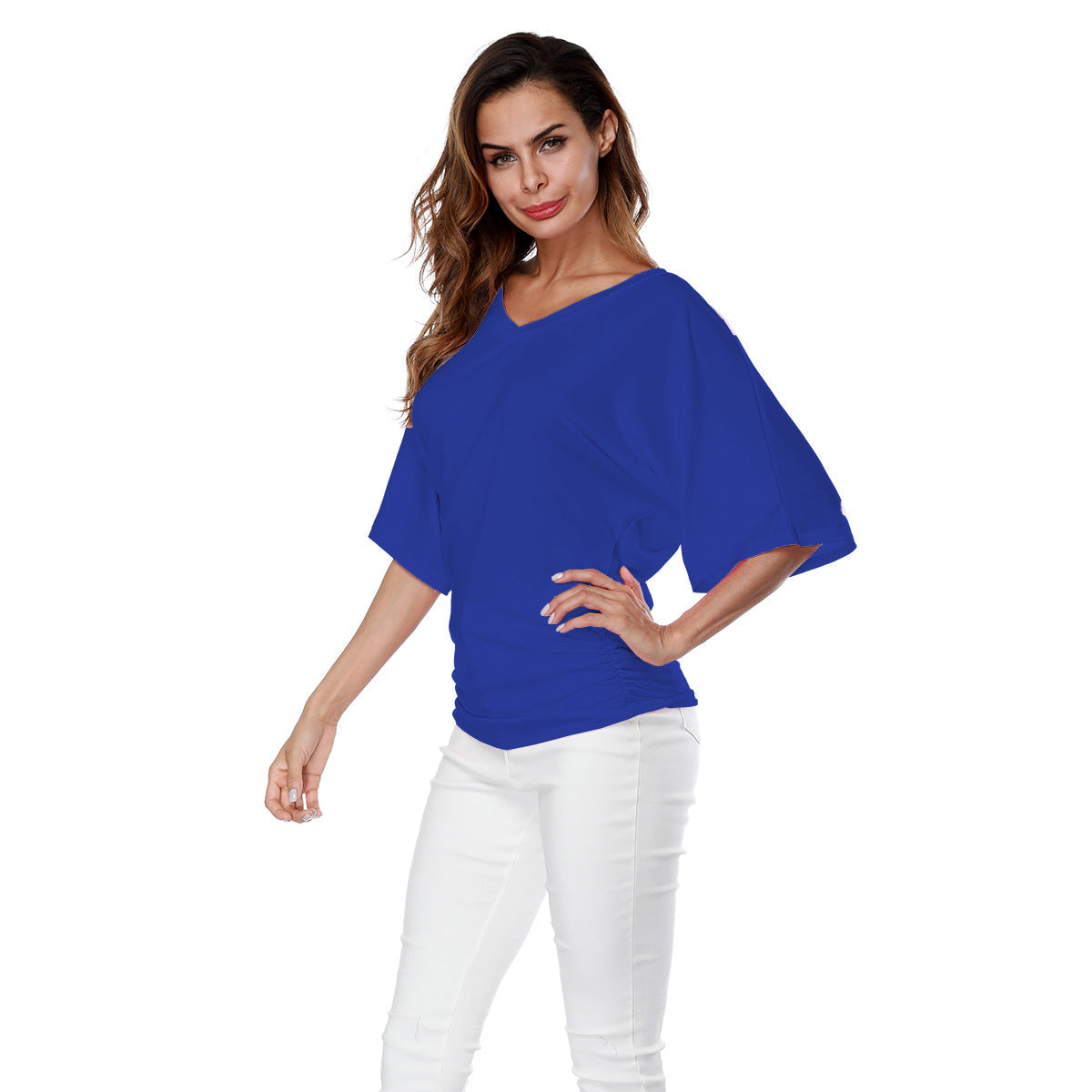 Damen lässiges V-Ausschnitt T-Shirt mit drapiertem Saum R&B