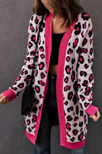 R&B | Leopard-Kontrastbesatz Offene Vorderseite Langarmlange Strickjacke