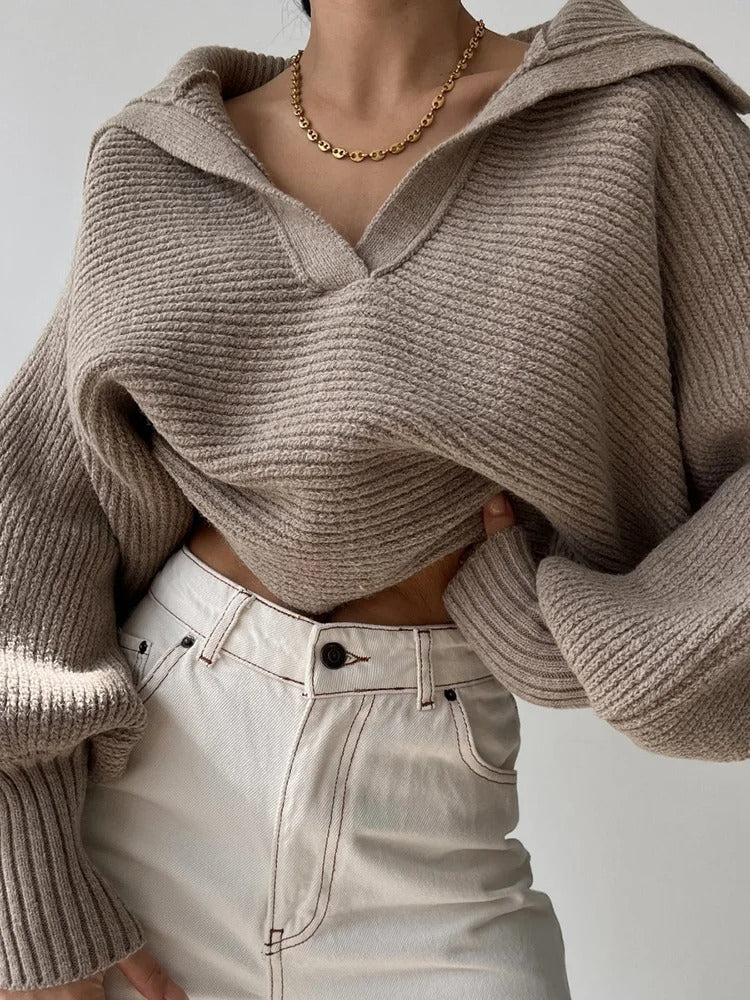 R&B | Strickpullover mit Laternenärmeln und offenem Kragen