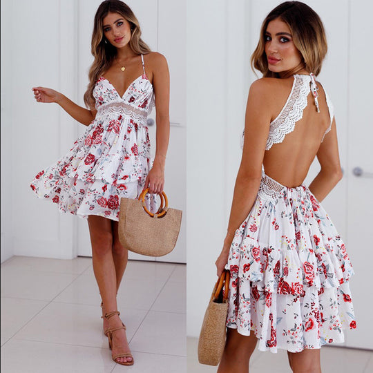 Damen luftiges Sommerkleid mit Blumenmuster und Spitzenakzenten R&B