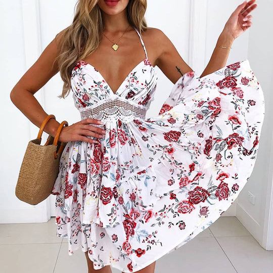 Damen luftiges Sommerkleid mit Blumenmuster und Spitzenakzenten R&B