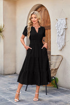 R&B | Kleid mit V-Ausschnitt und plissierten Blasenärmeln