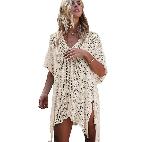 Damen lässiger Häkel-Kaftan mit stilvollem V-Ausschnitt R&B