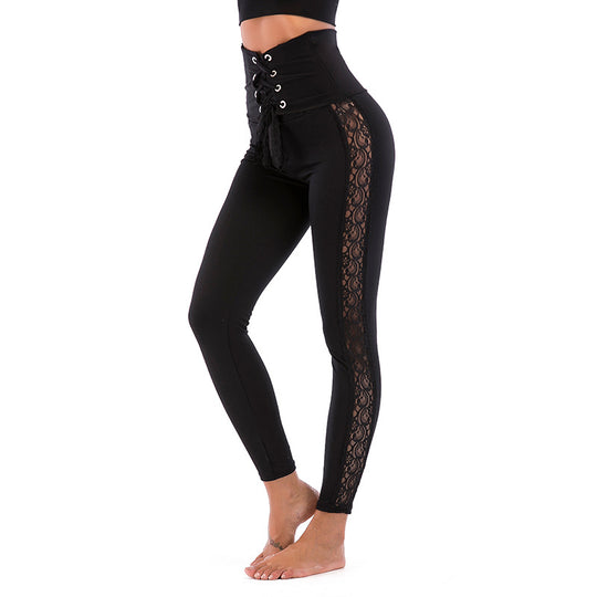 Damen Sportliche High-Waist Leggings mit verstellbarem Kordelzug und transparenten Einsätzen R&B