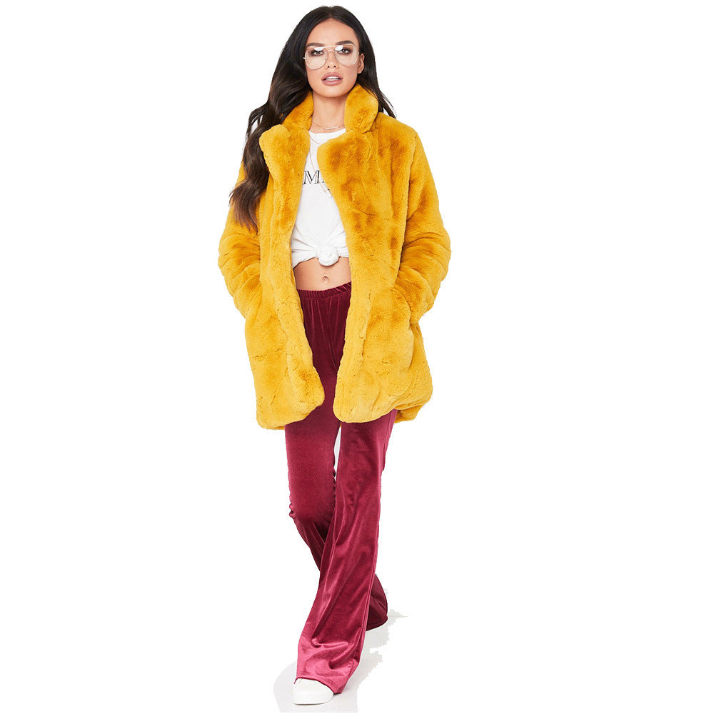 Damen Flauschige Langjacke aus Kunstpelz mit Kapuze R&B