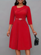 R&B | Einfarbige Asymmetrische Halsgürtel 3/4 Ärmel Festliches Kleid Für Frauen | Ideal Für Alle Jahreszeiten