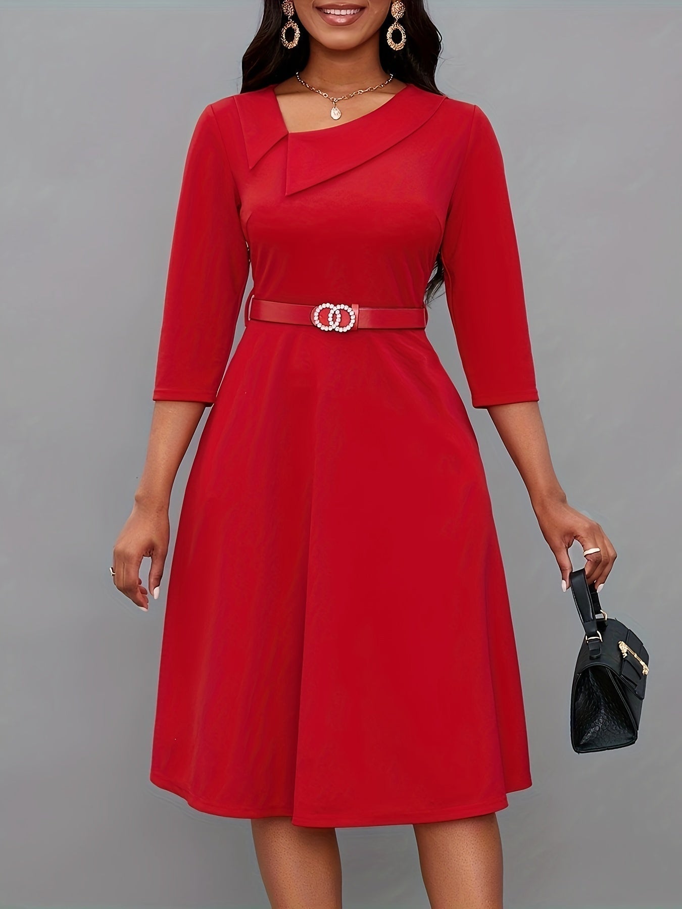 R&B | Einfarbige Asymmetrische Halsgürtel 3/4 Ärmel Festliches Kleid Für Frauen | Ideal Für Alle Jahreszeiten