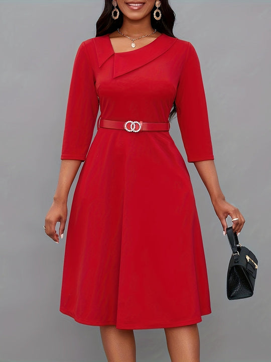 R&B | Einfarbige Asymmetrische Halsgürtel 3/4 Ärmel Festliches Kleid Für Frauen - Ideal Für Alle Jahreszeiten