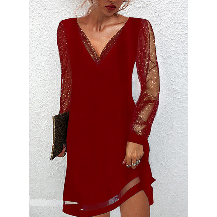 R&B | Solides Kleid mit Spitzenbesatz und V-Ausschnitt